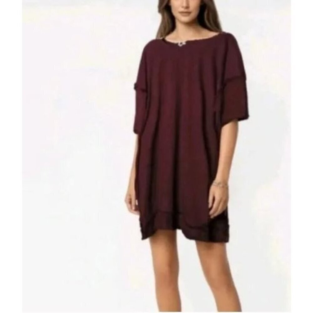 Umgee Dress Womens 1XL Maroon Fringe Tunic Oversized Lagenlook Boho Feminine